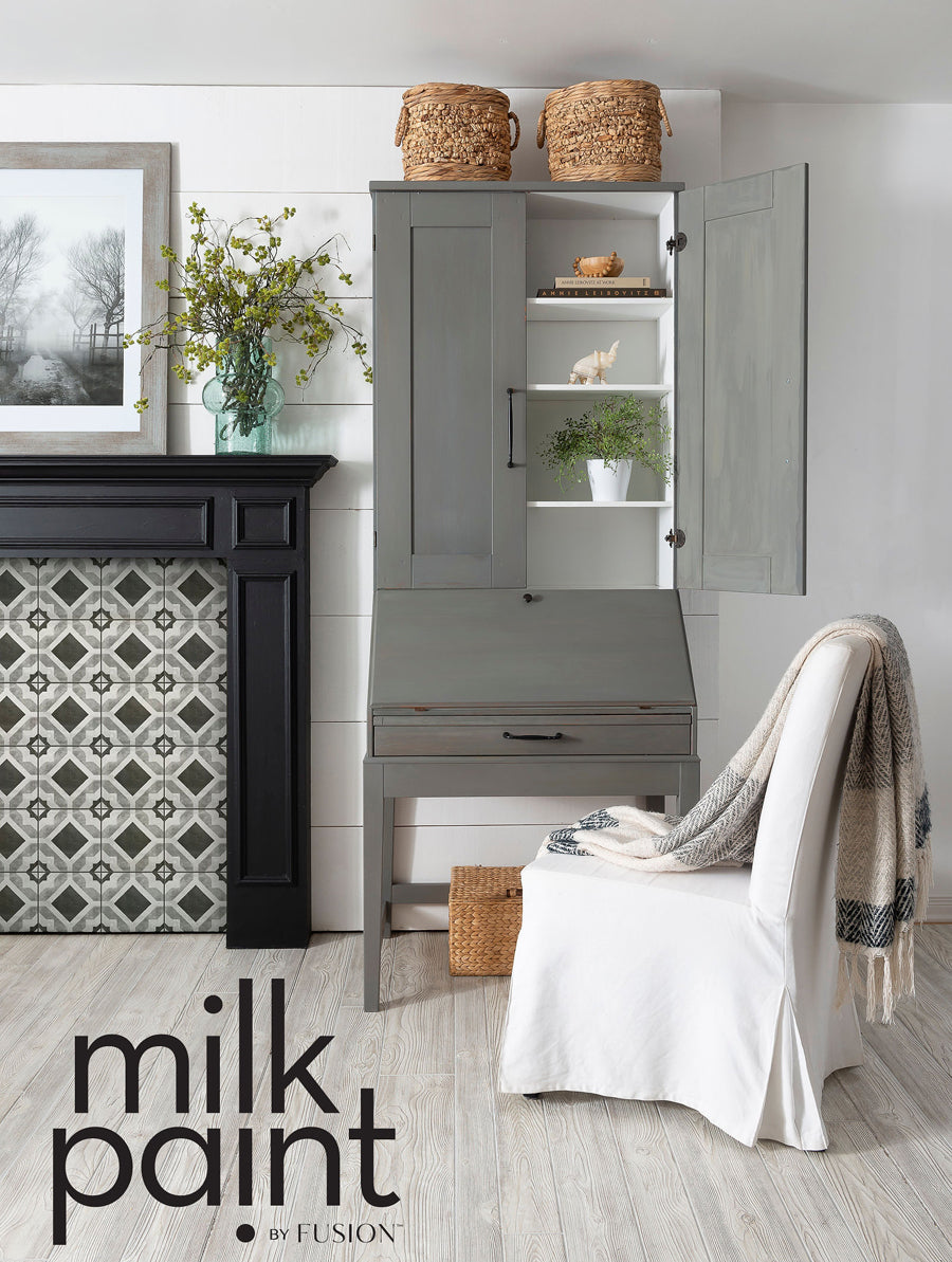a hutch painted with milk paint by fusion in Gray