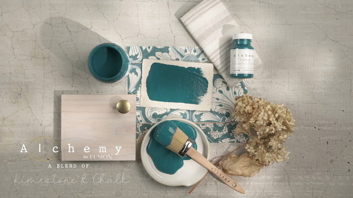 Display with paper painted in lagoon over lay