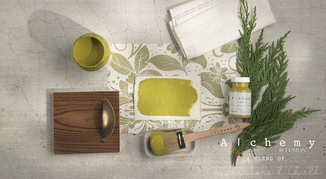 A Pea green color painted on paper with a sample cabinet and a tester size paint opened