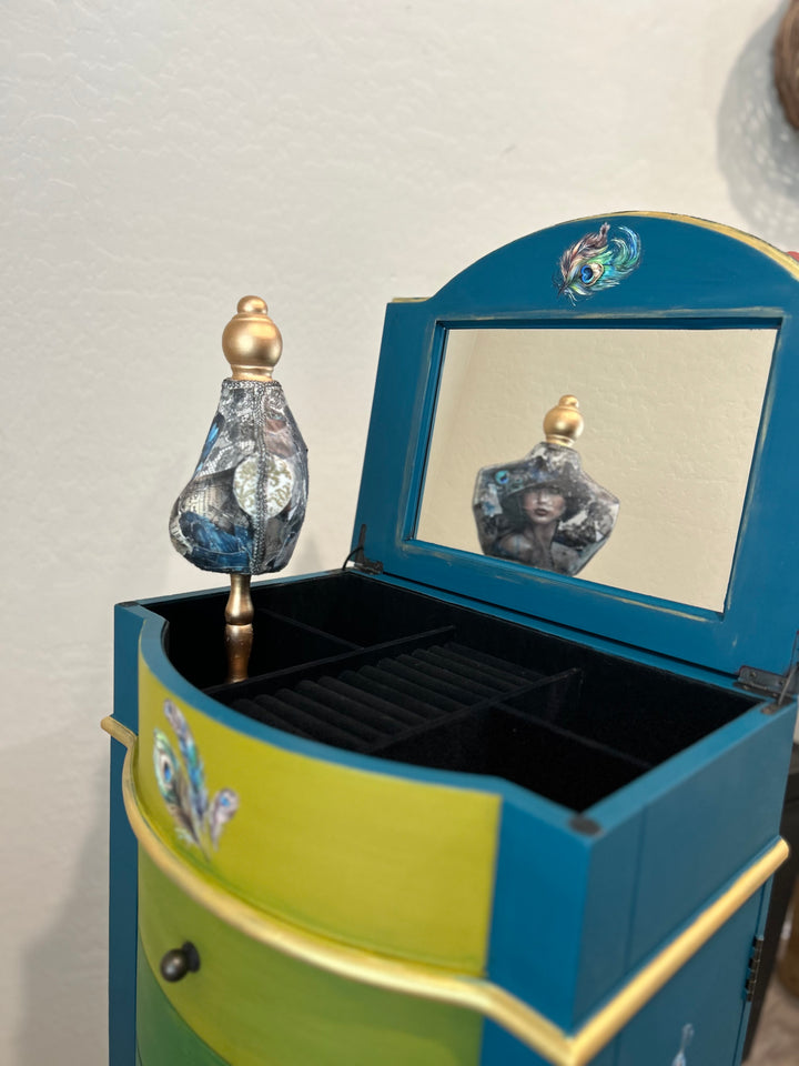 Peacock Inspired Custom Painted Jewelry Cabinet