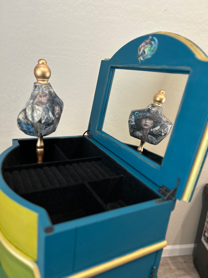 Peacock Inspired Custom Painted Jewelry Cabinet
