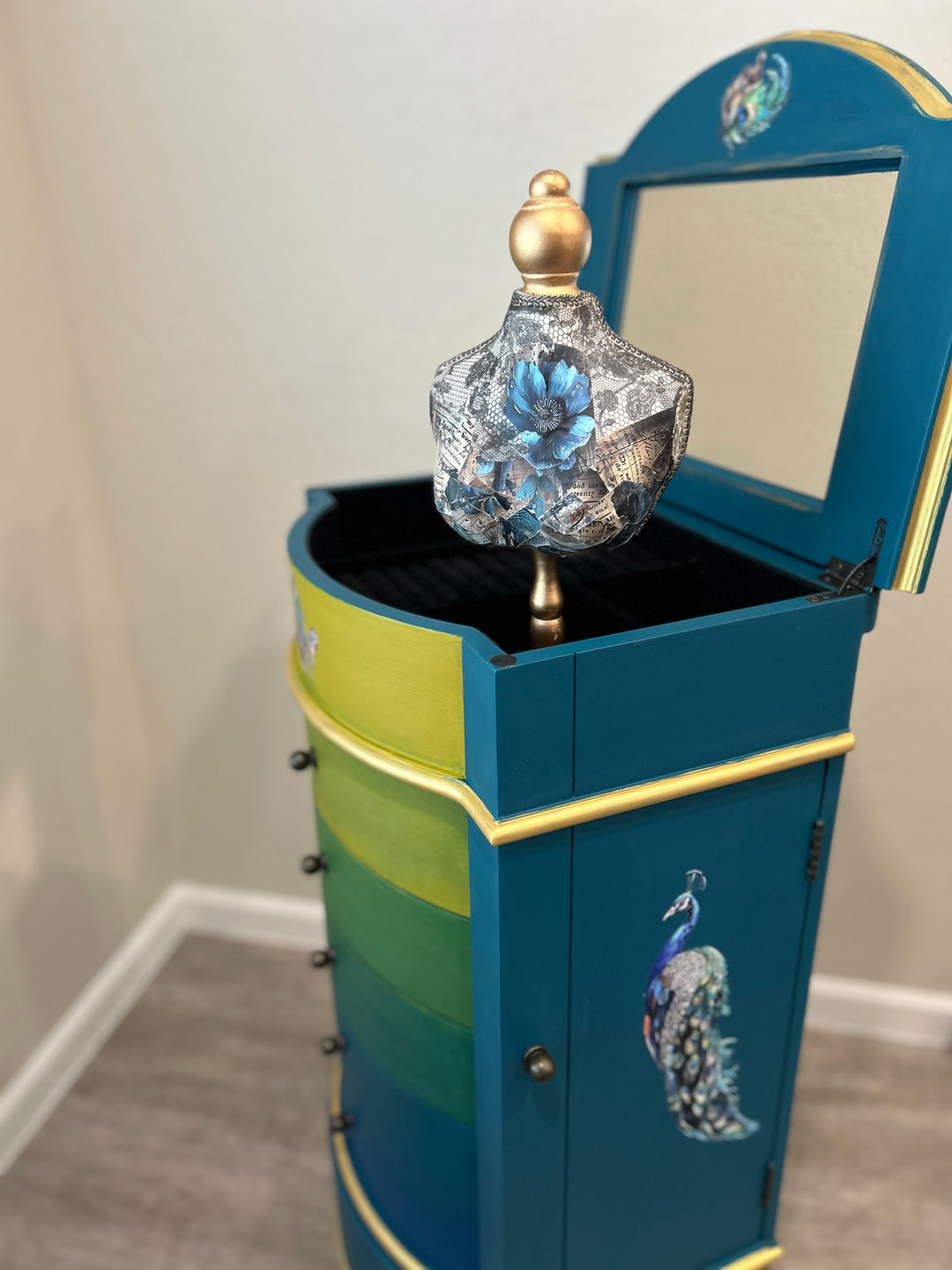Peacock Inspired Custom Painted Jewelry Cabinet