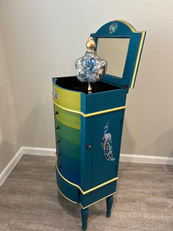 Peacock Inspired Custom Painted Jewelry Cabinet