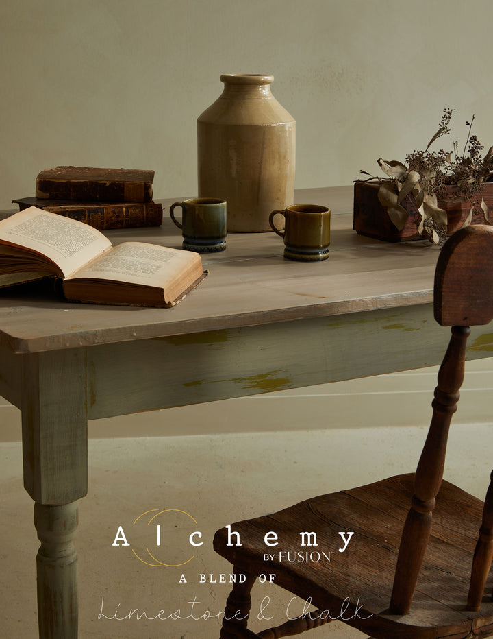 a desk painted in moss front lay