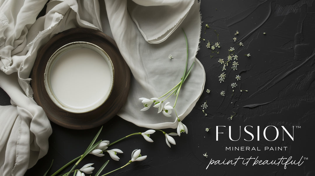 Open pint of Fusion Mineral Paint Snowdrop – brightest white shade shown inside jar