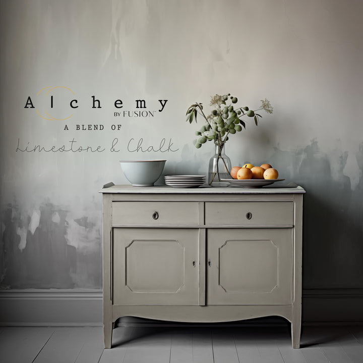 hutch painted in spruce with a limestone wall 