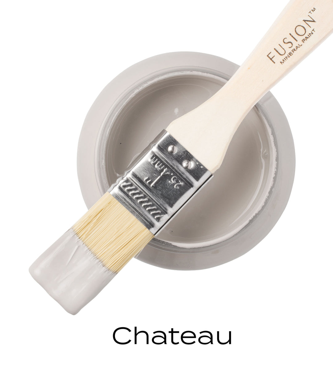 open pint in color chateau with a wooden paint brush that says fusion with tip painted in a taupe color