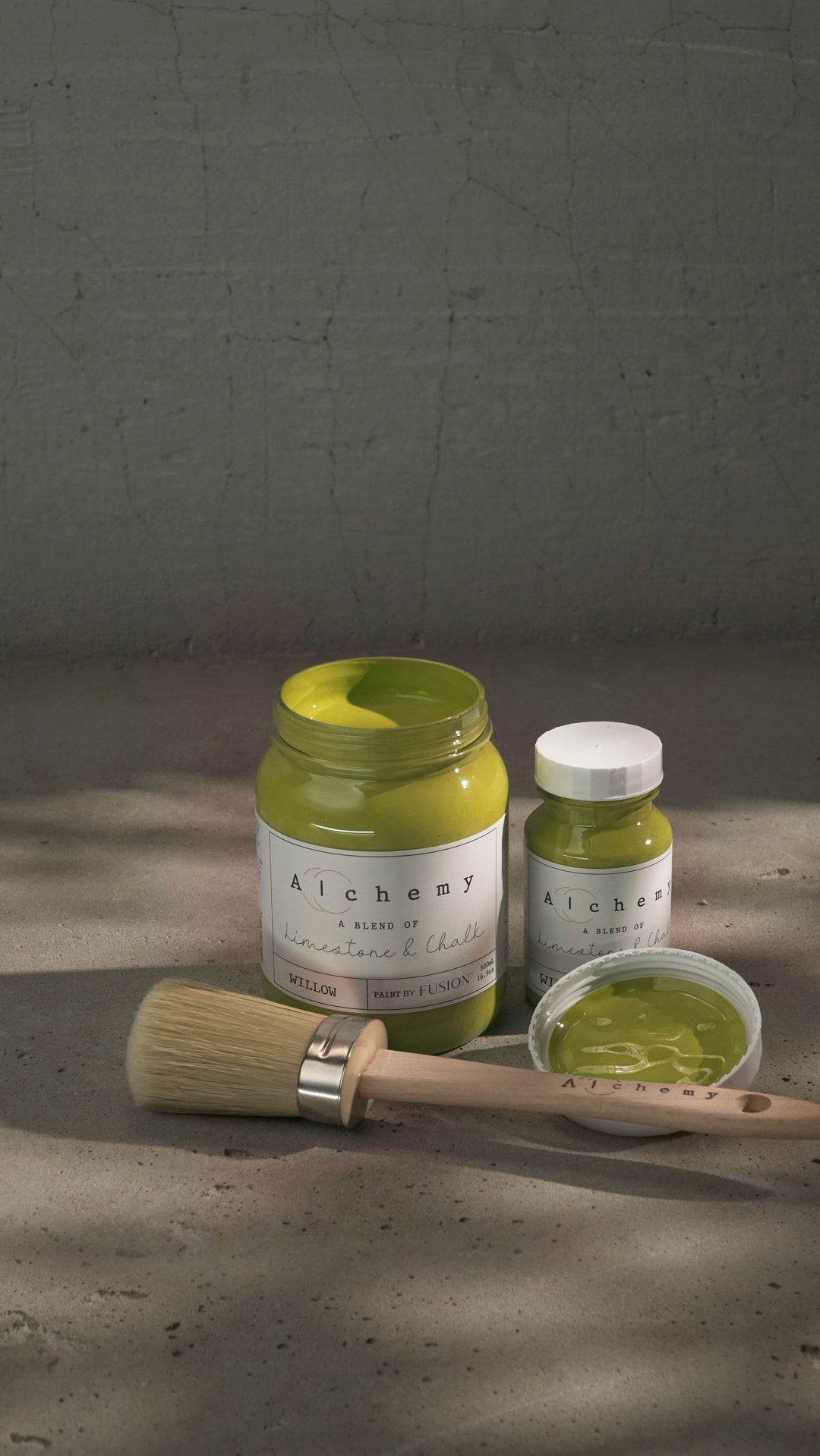 Willow paint colors in two sizes pint and tester with a brush