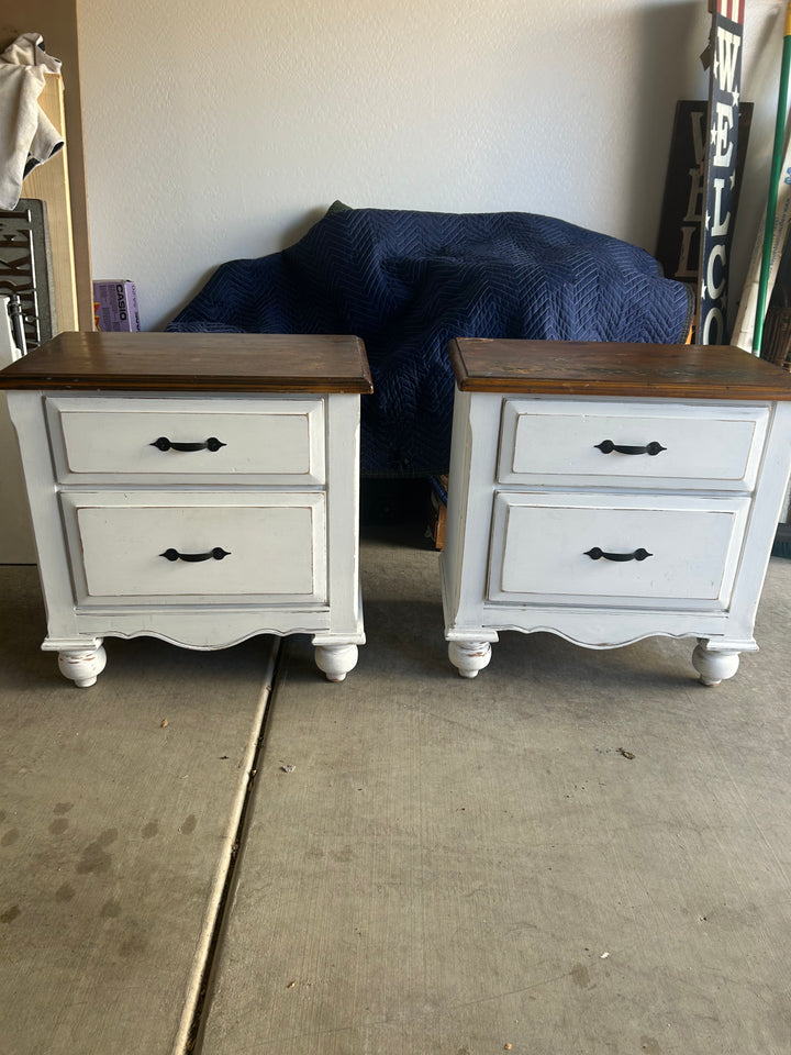 Matching pair of nightstands in progress, shown before refinishing as part of a custom furniture transformation in the studio