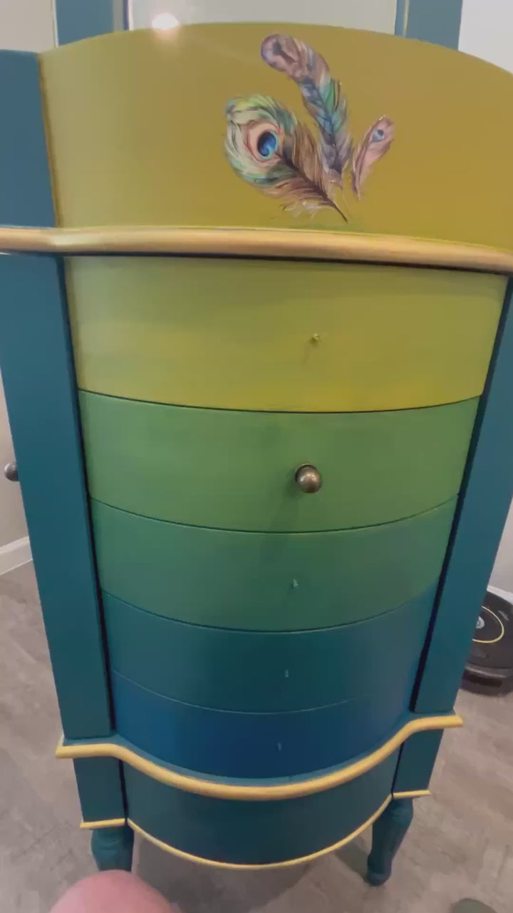 Peacock Inspired Custom Painted Jewelry Cabinet